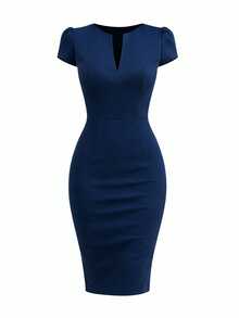 Elegant Women's Navy Midi Dress With Puff Sleeves And V Neck For Office And Professional Settings - Màu xanh hải quân - Xem 3