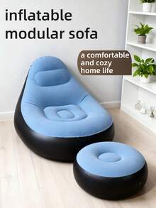 1pc New Inflatable Slouchy Sofa, Foldable Recliner Chair, Camping Outdoor Travel With Footrest Combination, Flocked Fabric Sofa Bed - Multicolor - View 3