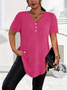 Nueva blusa casual de talla grande de unicolor con cuello en V y mangas cortas con botones para el verano - Rosa Roja - Ver 1
