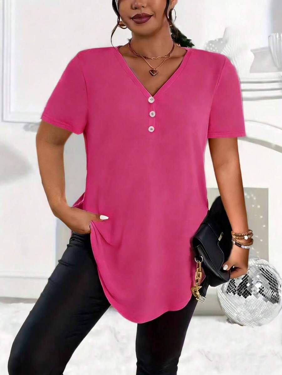 Nueva blusa casual de talla grande de unicolor con cuello en V y mangas cortas con botones para el verano - Rosa Roja - Ver 1