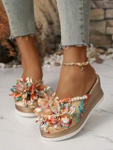 Dép xăng đan đế xuồng dày dặn dành cho nữ, thiết kế thời trang đính ngọc trai và hoa, thích hợp cho mùa hè, kỳ nghỉ, lễ hội âm nhạc. - Vàng - Xem 5