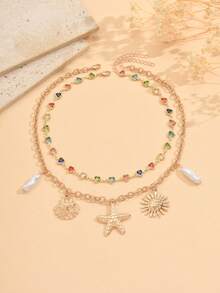 2pcs/Set Summer Ocean Style Pendant Necklace, Fashionable Gold Metal Starfish, Shell, Sun & Faux Pearl Combination Pendant Necklace, Elegant Handmade Heart-Shaped Chain, Suitable For Daily Wear, Beach Vacation, Photography, Adjustable Chain Length - Multicolor - View 1