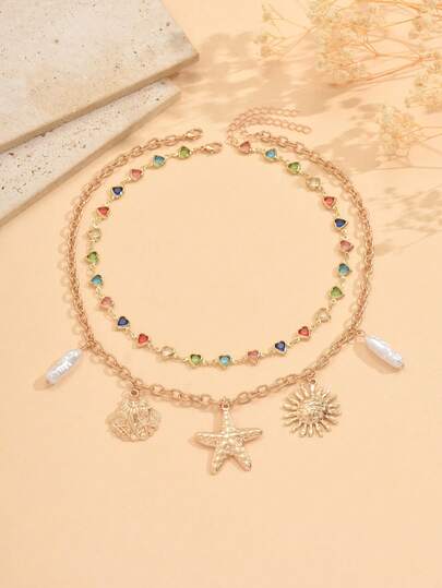 2pcs/Set Summer Ocean Style Pendant Necklace, Fashionable Gold Metal Starfish, Shell, Sun & Faux Pearl Combination Pendant Necklace, Elegant Handmade Heart-Shaped Chain, Suitable For Daily Wear, Beach Vacation, Photography, Adjustable Chain Length