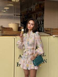 2025 Spring/Summer European & American Style Women's New Elegant Casual Sweet Mandarin Collar Button Front Lantern Sleeve Bow Tie Ruched Fitted Mini A-Line Dress, Thin Non-Stretch Woven Fabric, Suitable For Casual, Travel, Commute, Holiday - Multicolor - View 4
