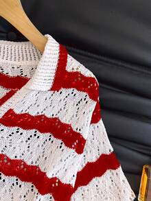 女士条纹 Polo 领短裤套装，时尚休闲宽松镂空薄针织度假两件套，春夏款 - 紅色 - 查看 6