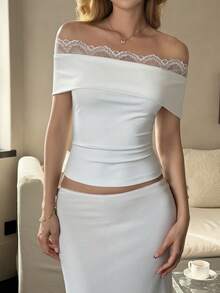 精致单肩蕾丝边露脐上衣，修身别致法式约会衬衫 - 白色 - 查看 8