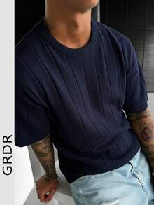 GRDR 男士夏季针织纯色罗纹短袖毛衣，运动休闲风，适合户外活动 - 藏蓝色 - 查看 5