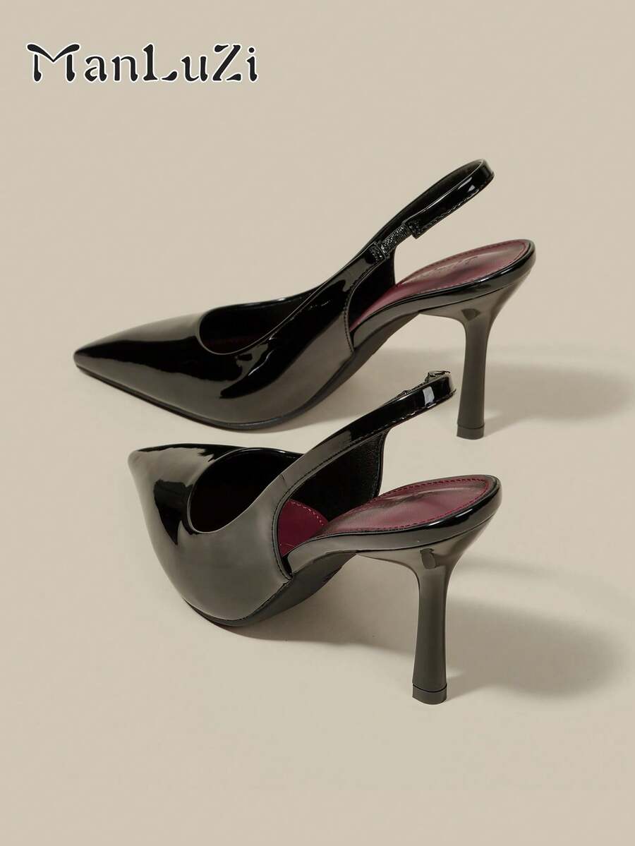 女士黑色漆皮尖头小猫跟鞋，优雅正式礼服鞋，时尚搭扣派对鞋，简约弹性后跟带 - 黑色 - 查看 1