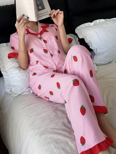 Dreamivo 两件套女士睡衣套装，粉色碎花荷叶边短袖长裤睡衣套装，翻领舒适睡衣 - 柔软纽扣上衣和松紧腰长裤，休闲家居服