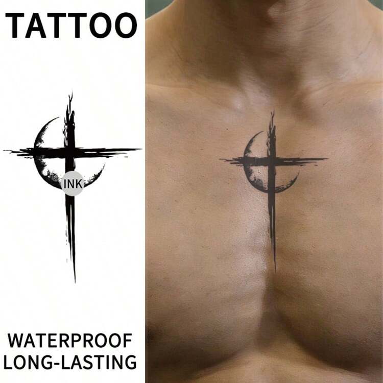 Moon Cross Body Art Design Temporary Tattoo, Waterproof & Sweatproof, Delicate Pattern, Herbal Formula, Easy To Apply, Suitable For Parties, Birthdays, Music Festivals, Ideal Gift, Waterproof Tattoo Lasts 1-2 Weeks, Magic Tattoo, Super Easy To Apply, Looks Great - Halloween - View 1