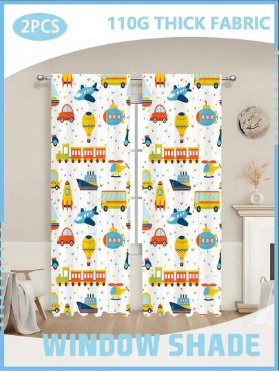 2pcs/Set 110gsm Cartoon Traffic Pattern Blackout Curtains, Indoor & Outdoor Window Curtains, Thermal Insulated Curtains Suitable For Bedroom, Living Room, Balcony, Easy Installation, Modern Style, 100% Polyester
