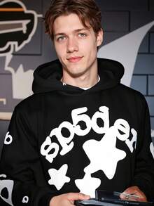 Spider Web Fashion Hip-Hop Printed Flower Hoodie, European And American Brand Large-Sized Loose Men's And Women's Hooded Sweatshirt Set - 黑色上衣 - 查看 4