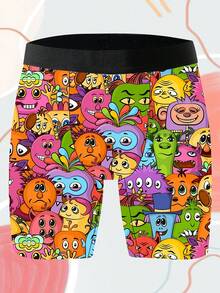 男士趣味平角内裤，卡通涂鸦印花，可爱怪兽主题，针织面料，宽松运动版型，透气吸汗，柔软亲肤，休闲运动平角内裤 - 彩色 - 查看 2