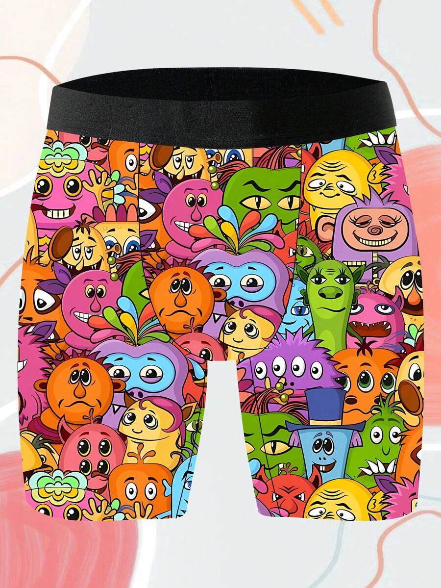 男士趣味平角内裤，卡通涂鸦印花，可爱怪兽主题，针织面料，宽松运动版型，透气吸汗，柔软亲肤，休闲运动平角内裤