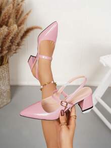 SRSOO 2026春夏新款尖头粗跟凉鞋，百搭包头绑带高跟凉鞋，女士 - 粉色 - 查看 1