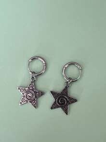 2只不锈钢螺旋星形耳环，别致迷人的黑色8环耳环，男女皆宜的哥特朋克Y2K风格首饰 - 復古銀色 - 查看 8