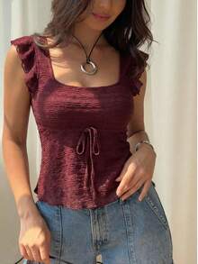 Blusa corta de mujer con cuello cuadrado, manga corta, cintura con lazo y volantes en color borgoña, adecuada para brunch y uso diario - Burdeos - Ver 7