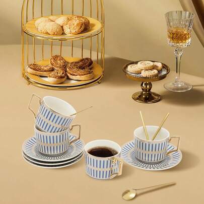 220ml/4PCS Porcelain Exquisite Blue Striped Tea Cup Plate, Gold Spoon, Mug
