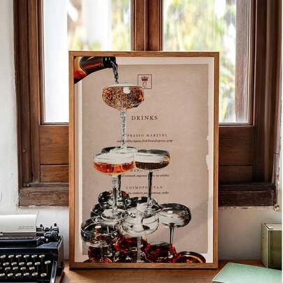 Tranh in hình xe đẩy quầy rượu sâm panh phong cách cổ điển thập niên 70 - Tranh canvas không khung trang trí phòng khách, phòng ngủ, nhà bếp - Tranh nghệ thuật retro phong cách hipster, quà tặng tân gia, sử dụng trong nhà/ngoài trời, trang trí tường nghệ thuật, tranh minh họa tối giản.