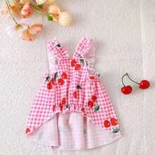 Kitten And Puppy, Classic Blue Plaid With Cherry Print Hooded Dog Dress Set - Pink - View 3