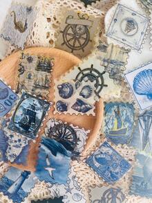 50 pièces Autocollants de timbre postal nautique bleu rétro pour cahier, ordinateur portable, album de découpage, journal, planche à roulettes, guitare, bouteille d'eau, carte postale, fournitures scolaires de décoration DIY - 1 Set - Voir 6