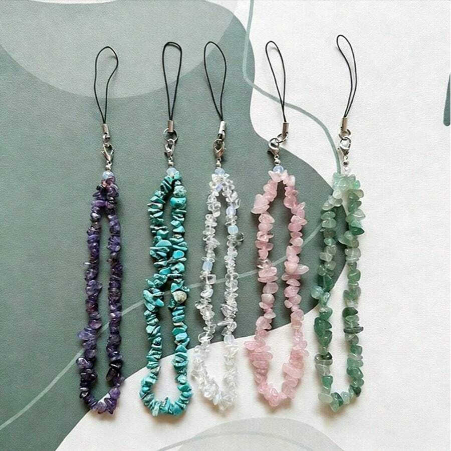 1条时尚天然水晶手机挂绳，玛瑙、紫水晶、绿松石、粉晶串珠手机带，女士配饰礼品 - 彩色 - 查看 1