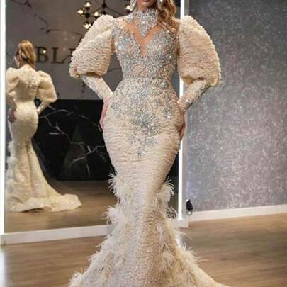 Dress V-Neck Feather Princess Dress Sprinkled With Gold Long Mesh Evening Dress
