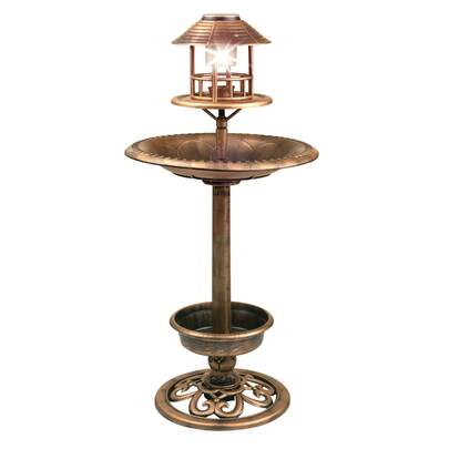 Crystals Bronze Solar‑Powered Garden Bird Bath With Feeder & Light – Outdoor Bird Table Station