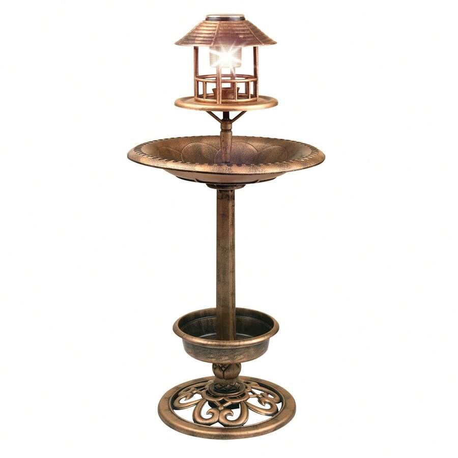 Crystals Bronze Solar‑Powered Garden Bird Bath With Feeder & Light – Outdoor Bird Table Station - Bath - View 1