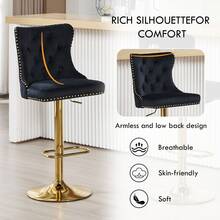 Velvet Bar Stools Set Of 2, Height Adjustable Breakfast Bar Stool, Counter Modern High Chair With Lion Knocker, Suitable For Bars Kitchens And Breakfast Counters, Gold Black - Black - View 3