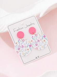 1 Pair Summer Cute Flower & Leaf Print Enamel Faux Soft Pottery Design Fashion Jewelry Earrings, Suitable For Beach Vacation And Daily Wear - Multicolor - View 2