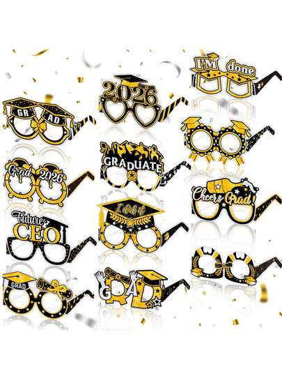 2026届金色毕业眼镜 - 6/8副装 | 2026届金色毕业眼镜，适用于毕业典礼装饰 | 2026届毕业派对拍照道具，2026届毕业典礼装饰