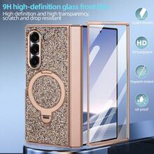 VIETAO Sequins,Diamond Fashion High Quality Blingbling Sparkling Electroplated Hidden Circular Bracket Mobile Phone Case Compatible With Samsung Galaxy Z Fold 7 6 Hinged Full-Cover Protection Phone Cover With Tempered Glass Screen Protector - Champagne Gold - View 5
