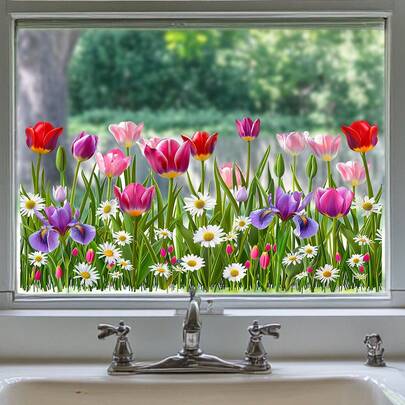 1 adet İlkbahar Renkli Lale ve İris Çiçeği Pencere Çıkartması, Papatya Çiçekli PVC Cam Çıkartması, Mutfak ve Banyo Cam Pencere Dekorasyonu İçin Uygundur