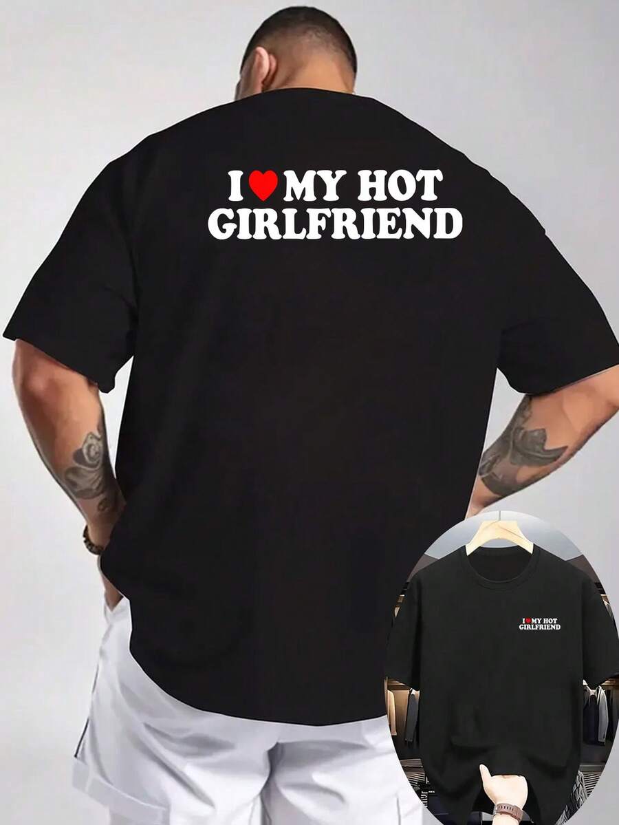 2026 Men's Fun Couple T-Shirt - "I Love My Girlfriend" Print On The Back - Lightweight Knitted Summer Short-Sleeve Top, - 黑色 - 查看 1