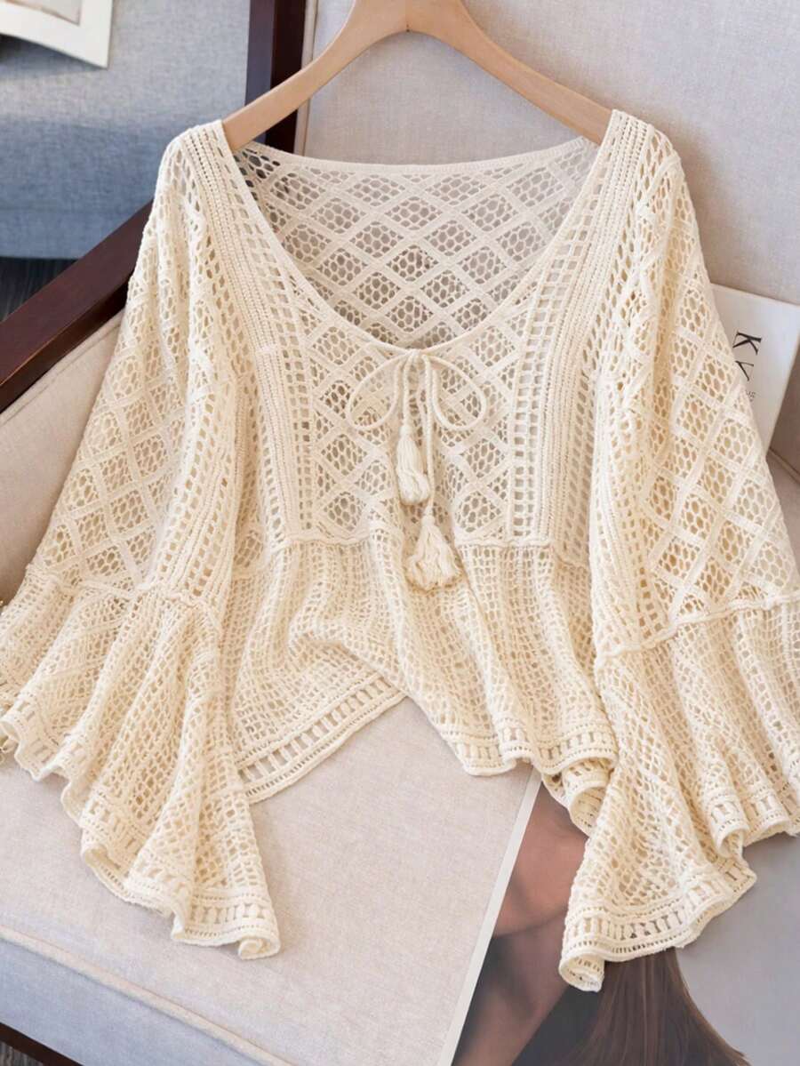 JIANHU 轻盈钩编流苏系带开衫，透气波西米亚风，适合度假、母亲节、节假日和夏季海滩派对。 - 杏色 - 查看 1