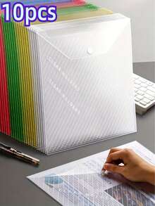 10pcs/Pack Random Color A4 Transparent Waterproof Button File Folders, Large Capacity Office Data Bags, Student Learning Supplies, Cute Stationery - Multiple Styles - View 8