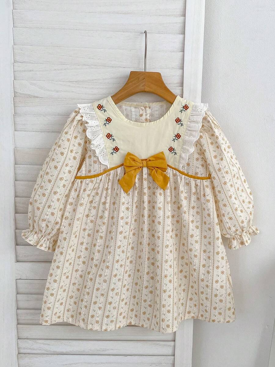 Floral Lace Trim Girls Dress, Spring Bowknot Sweet Floral Long Sleeve Children Dress, Pastoral Style