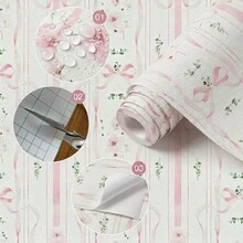 1卷44.5厘米宽自粘墙纸，粉色条纹蝴蝶花卉墙贴，可移除且易于粘贴，防水且易于清洁，适用于卧室、儿童房的DIY墙面装饰 - 櫻花序 - 查看 13
