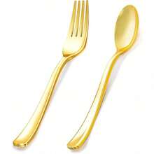 50-Piece Golden Fork Spoon Party Decorative Cutlery Set (Reusable) - Including 50 Pieces Forks, 25 Tablespoons - Repeat Cleaning And Use Wedding Cutlery Sets, Party Holiday Parties, Dinner, Wedding, Wedding, Kitchen, And Valentine's Day - Multicolor - View 8
