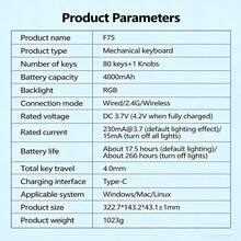 AULA F75 75% Wireless Mechanical Keyboard, Hot-Swappable Custom Keyboard With Knob, RGB Backlit, Pre-Lubed Linear Switches, 2.4GHz/Type-C/BT5.0 Connectivity, Gaming Keyboard - View 4