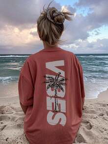 Women's Minimalist Coconut Tree Slogan Print Casual Round Neck Short Sleeve T-Shirt, Simple & Versatile, Suitable For Daily & Holiday Wear.Graphic Tee, Women, White, Black, Pink Summer VacationCasual Daily Wear, Pefert For Summer Vacation Outfits - Brick Red - 查看 10