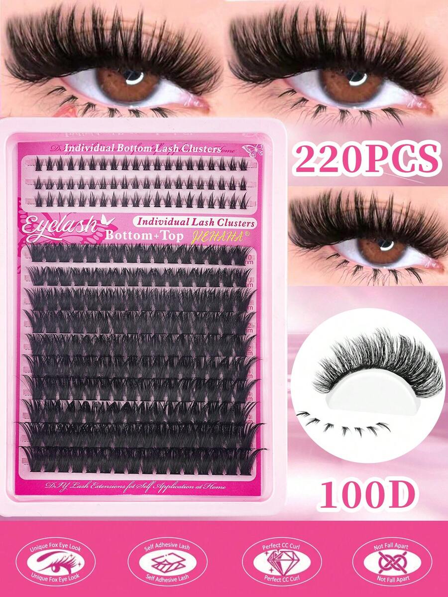 136/160/220片卡通浓密自然款假睫毛，刺猬头造型，含下睫毛，DIY睫毛嫁接，6-16mm D卷度混合长度蓬松簇状猫眼水润效果假睫毛，分段式假睫毛，下睫毛，单根睫毛，可重复使用，适合在家、派对和庆典中打造浓密、自然、迷人的睫毛效果。