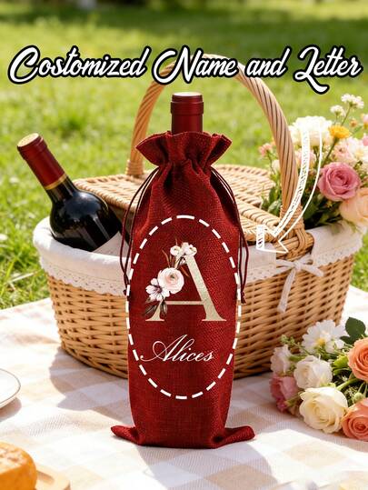 Personalized Linen Bottle Storage Drawstring Bag, Customize Names And Letters,Linen Bag With Floral Gold Lettering A-Z, Coarse Linen Storage Bag, Linen Gift Bag, With Drawstring For Dust Protection, Reusable And Durable, For Storing Wine Bottles, Perfect For Home Storage, Gift Wrapping, And Glass Bottle Packaging For Parties, Weddings And Holidays, And Christmas Gifts.