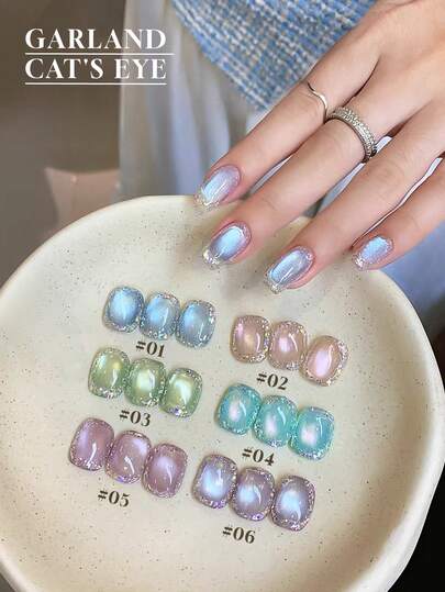 Miss Leia 1-6 15ml 春夏美甲指甲花环猫眼凝胶指甲油 - 美白、百搭、冰透明彩色玻璃珠猫眼指甲油 - 多种颜色、透明凝胶涂层、新手美甲、UV/LED固化、可浸泡半永久、适用于美容院美甲套装、DIY、节日派对礼物、美甲用品