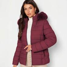 Shendy Vendy Women's Warm Polyester Jacket With Fur Collar - Wine 2 - View 6