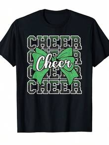 [Vintage Cheerleading Tee] Vintage Style Coquette Cheer Bow Sport Cheerleading Green T-Shirt| Comfortable Round Neck, Short Sleeve, Same Gender Design, All-Season Casual Tee For Men & Women, Cheerleading Apparel, Street Trending Style, Durable Fabric - 黑色 - 查看 1