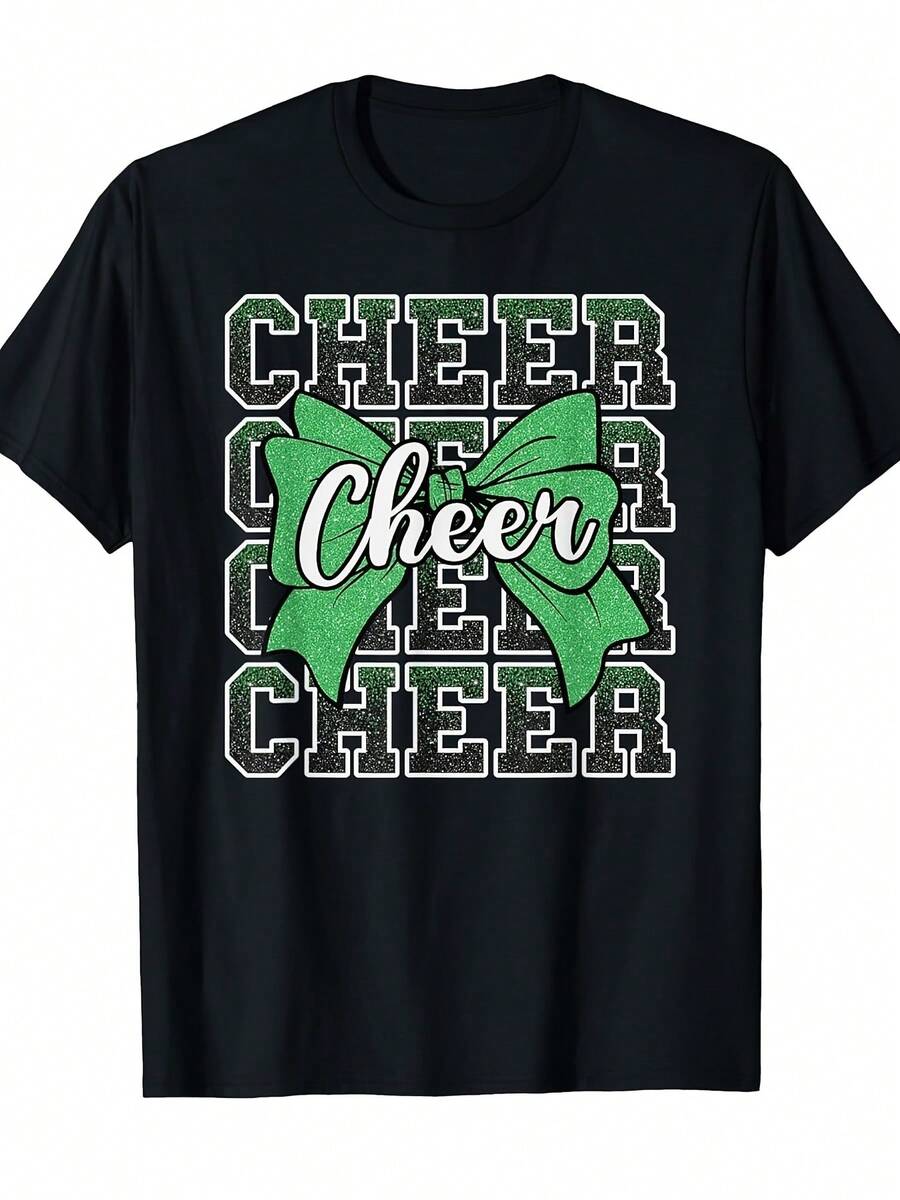 [Vintage Cheerleading Tee] Vintage Style Coquette Cheer Bow Sport Cheerleading Green T-Shirt| Comfortable Round Neck, Short Sleeve, Same Gender Design, All-Season Casual Tee For Men & Women, Cheerleading Apparel, Street Trending Style, Durable Fabric - 黑色 - 查看 1