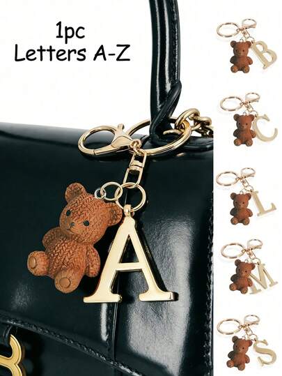 优雅金色字母钥匙扣，配有泰迪熊吊坠，3D A-Z字母吊坠，时尚合金钥匙圈，背包挂饰，汽车钥匙链，经典简约钥匙扣，适合女性，可作装饰品，包包配件，送给朋友、家人、情侣、女友的绝佳礼物，适合重要场合、情人节。