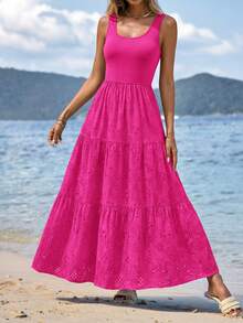 Women Summer Sleeveless High Waist Patchwork Eyelet A-Line Flowy Tiered Long Maxi Dress Spring Vacation Holiday Beach Wedding Guest Dress Outfits - 玫紅色 - 查看 1